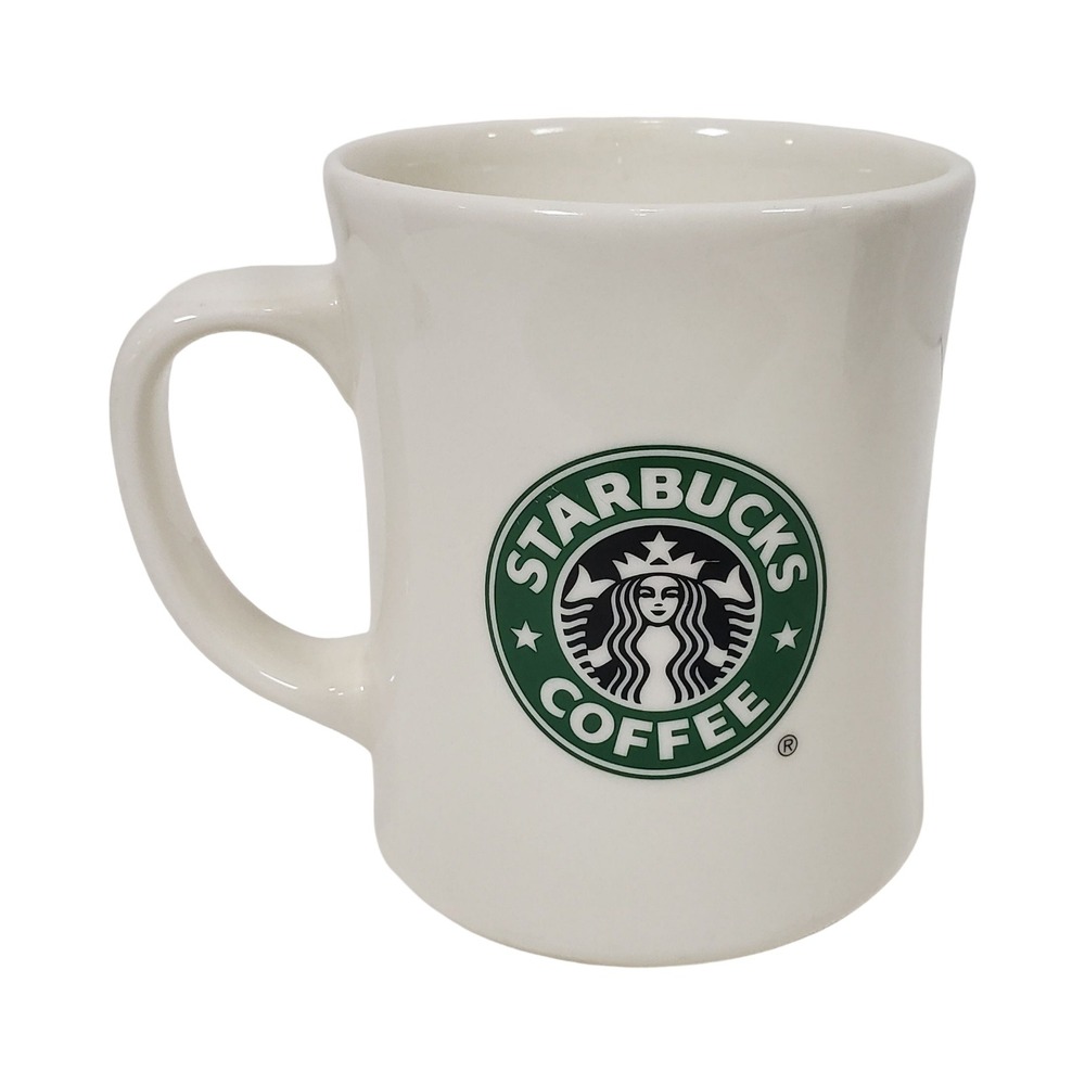 Starbucks 2008 Double Sided Logo Ceramic Coffee Mug 16oz Cream Green Brown